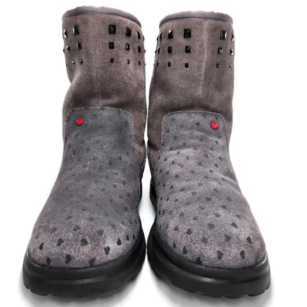 UGG I Heart Rock 'N Roll Grey Printed Hearts Black Studded Pull-On Short Boots